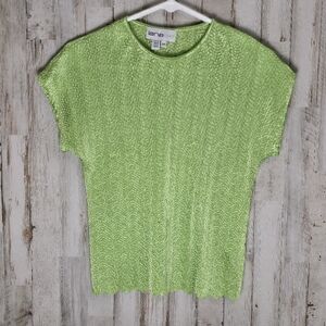 Lana Lee Vintage Bright Green Crinkle Cap Sleeve 90s Y2K Scalloped Shirt Small